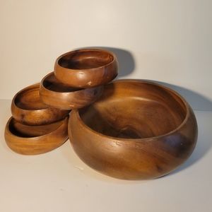 Lot of 5 Vintage Royal Acacia Monkey Pod Wood Salad Bowl Set